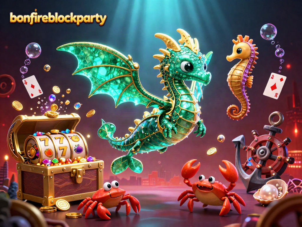 Experience the excitement of bonfireblockparty with vibrant casino elements like slot reels and treasure.