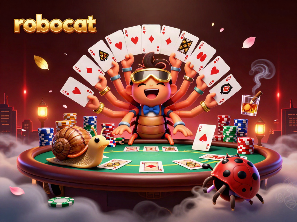 robocat dealer skillfully manages poker chips and cards amidst a vibrant casino scene