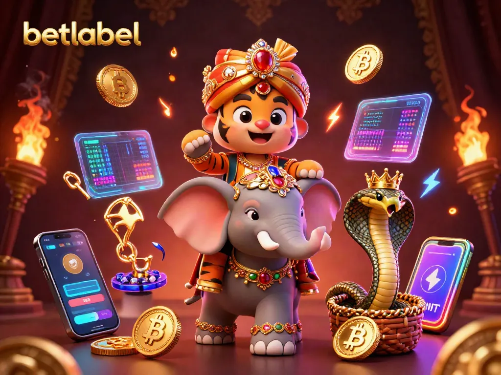 Enjoy thrilling bets at Betlabel with a vibrant 3D illustration featuring a tiger and elephant in a casino scene.