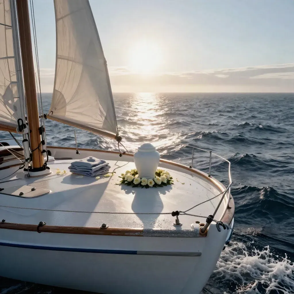 Lancha blanca de ceremonia al amanecer, con urna y rosas sobre el mar en calma.