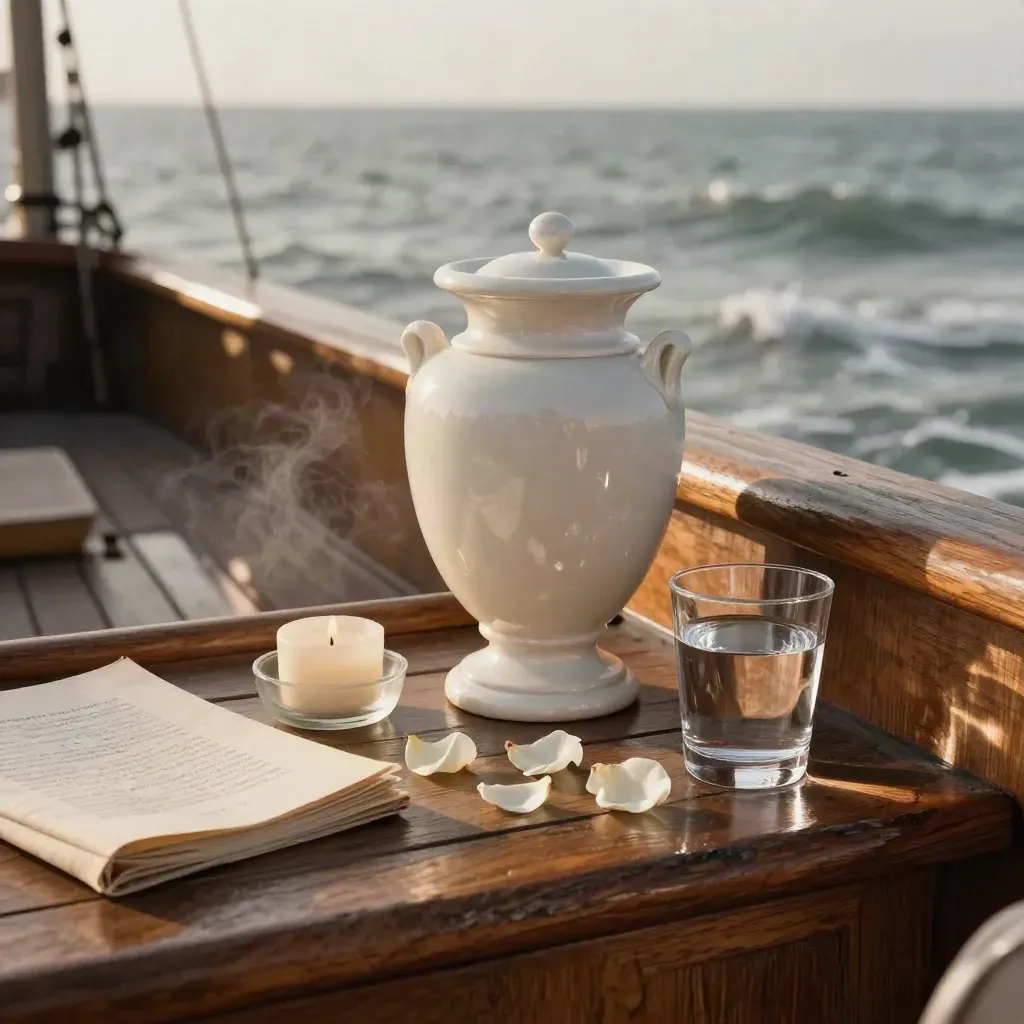 Urna blanca y flores sobre cubierta de barco con mar al fondo, en un homenaje íntimo.