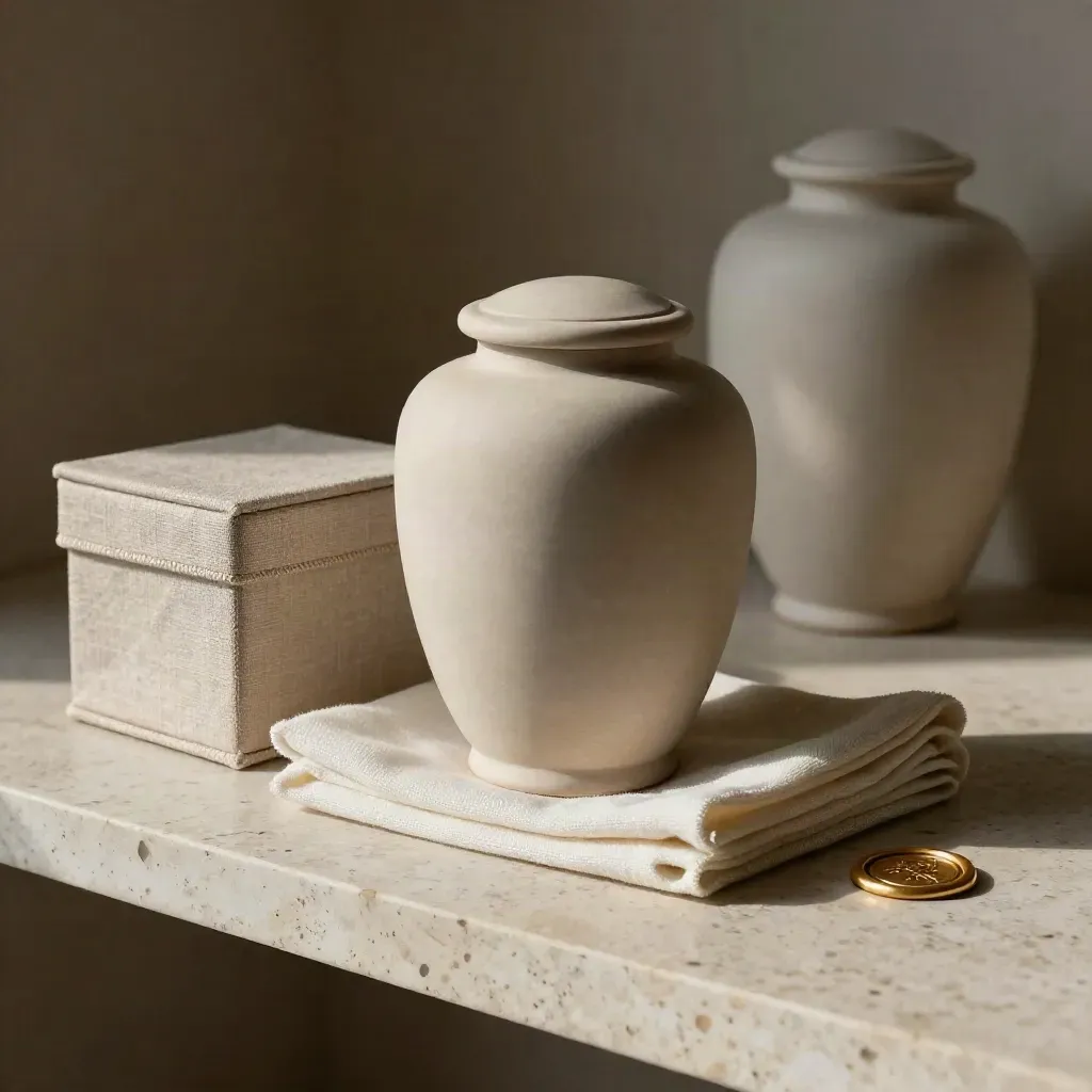 Urna cerámica mate con caja forrada en lino sobre repisa de piedra, con otra urna desenfocada detrás.