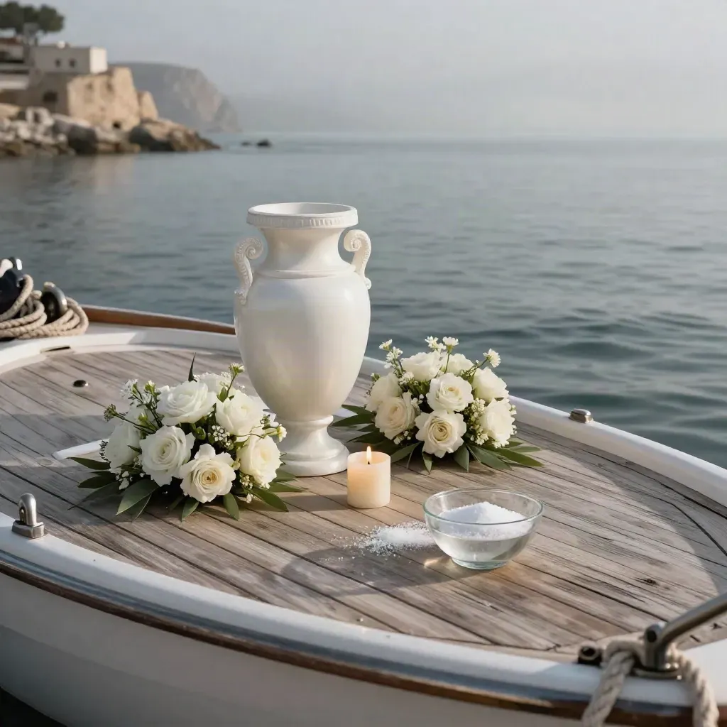 Urna blanca, flores y vela en la cubierta de un barco frente a Málaga.