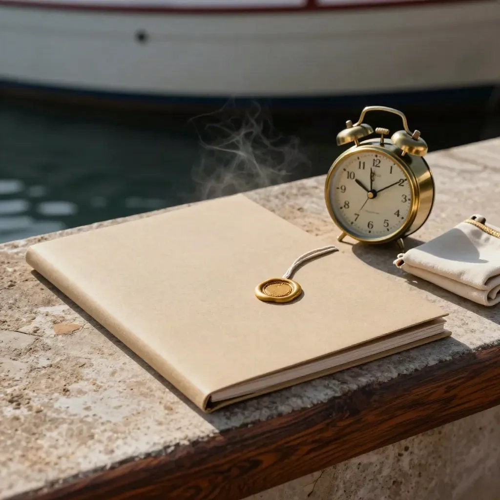 Carpeta marina con sello de lacre, cordón y reloj de mesa sobre piedra en el muelle.