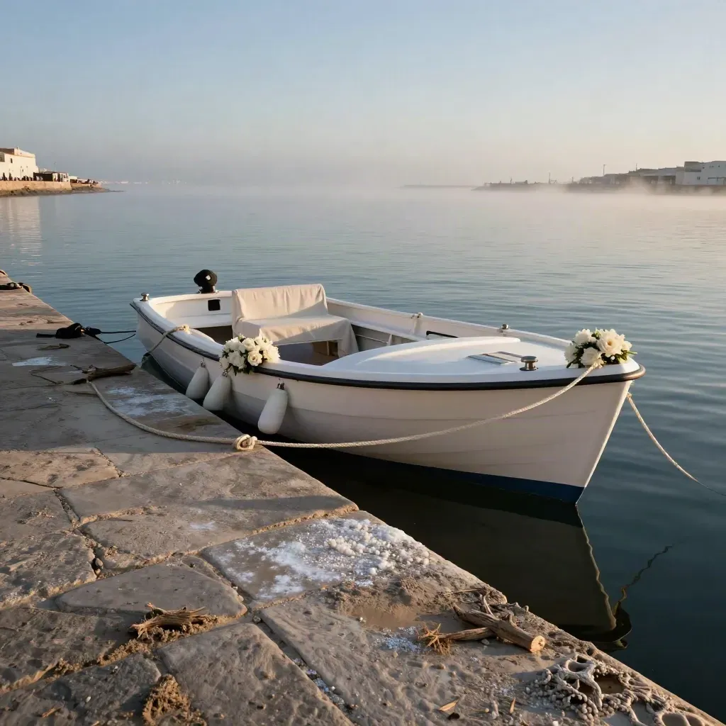 Barca blanca con flores marfil en el puerto de Cádiz, lista al amanecer con niebla suave.