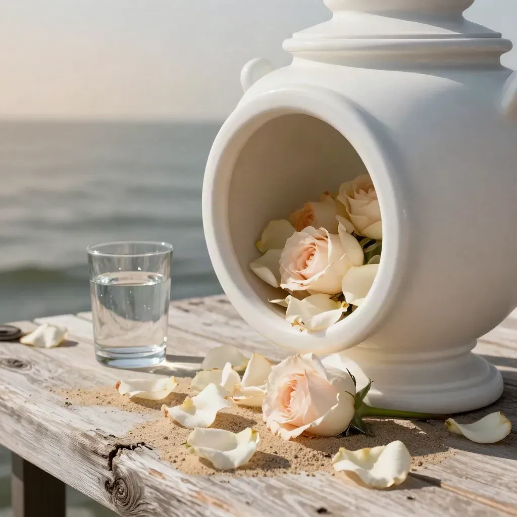 Urna blanca mate, rosas deshojadas, pétalos sobre arena fina y un vaso de agua junto al muelle.