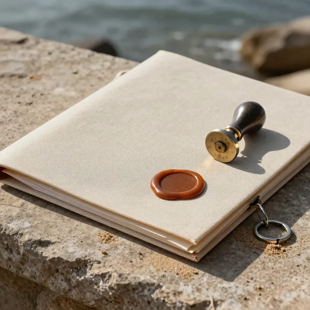 Sello de lacre sobre carpeta de lino, tampón metálico y llavero de muelle sobre piedra arenosa.