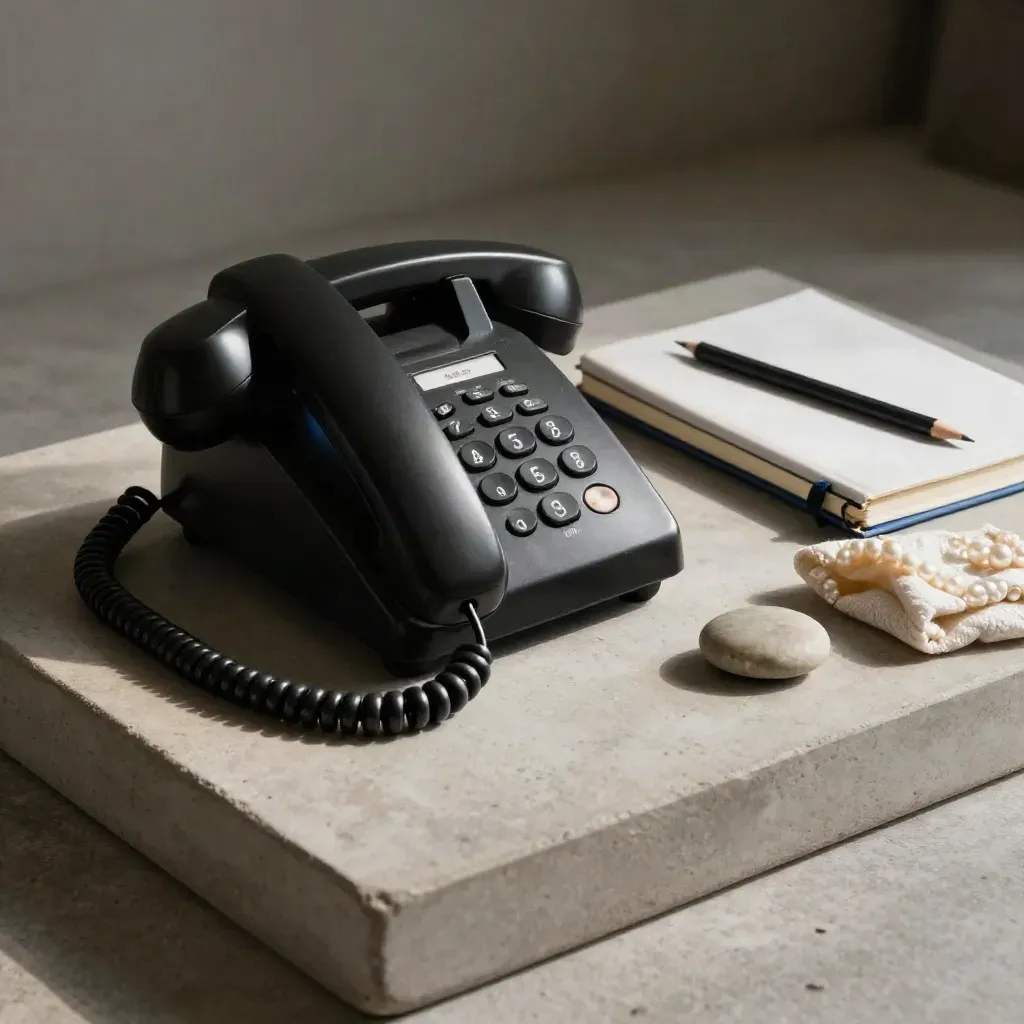 Teléfono negro, cuaderno, lápiz y piedra de playa sobre bandeja de piedra, luz suave.