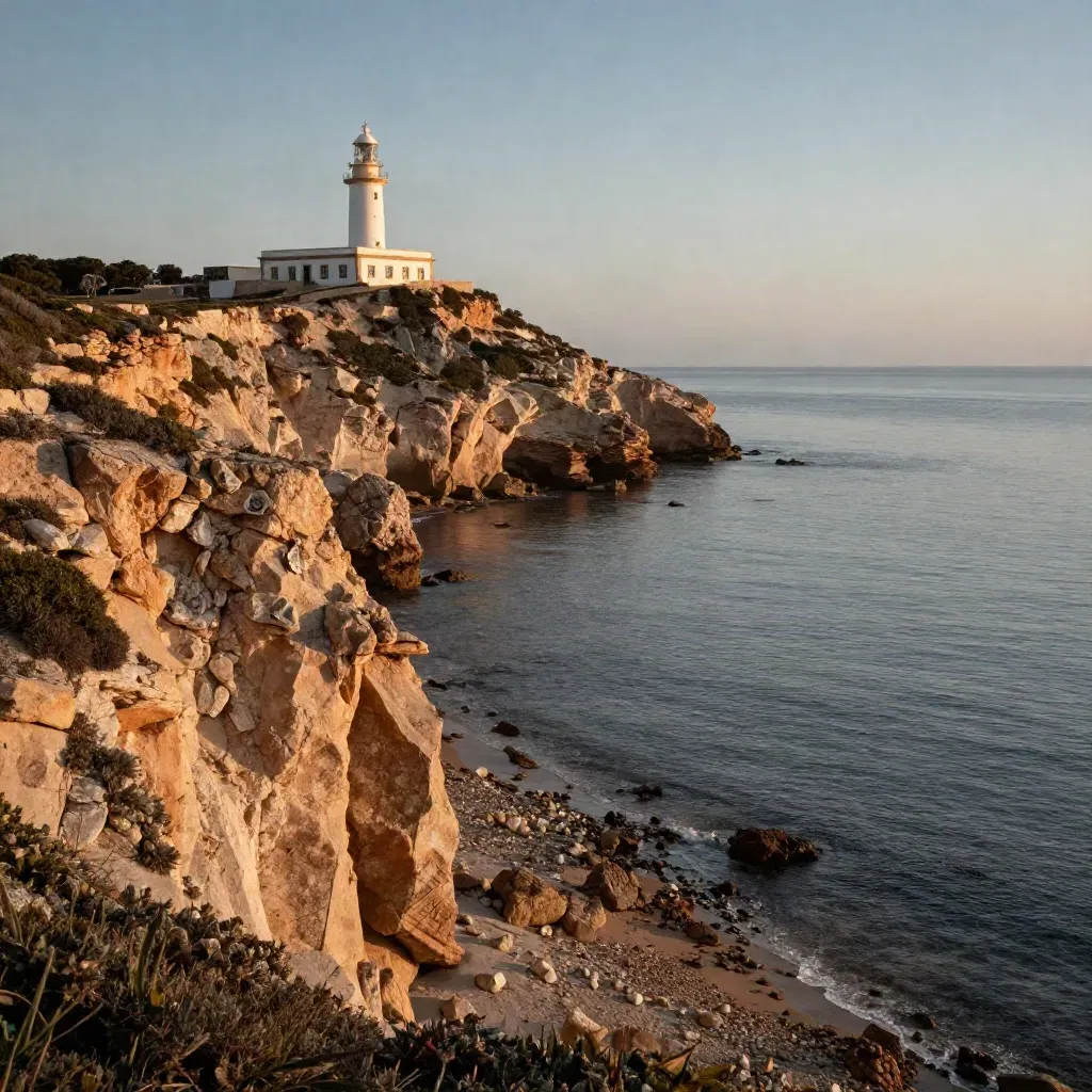 Faro lejano sobre acantilados ocres de Cádiz y mar sereno con niebla dorada.