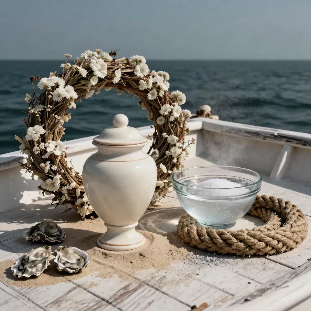 Urna cerrada, corona floral y cuenco con agua salada sobre cubierta, con horizonte desenfocado.