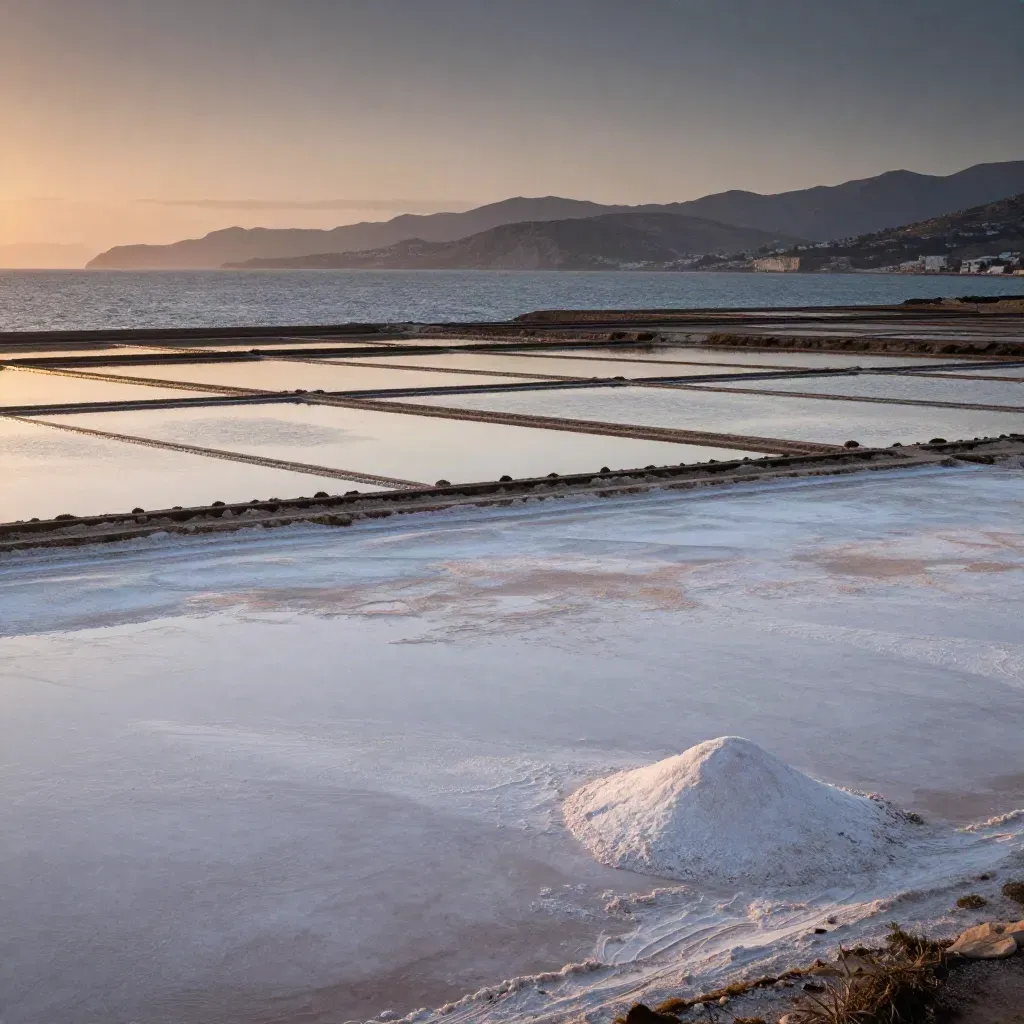 Salinas de Alicante al atardecer, con costa lejana, montes suaves y primer plano sereno.