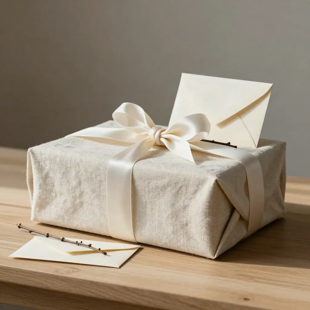 Caja de recuerdo en lino, urna pequeña, sobre sellado y cinta sobre madera clara.