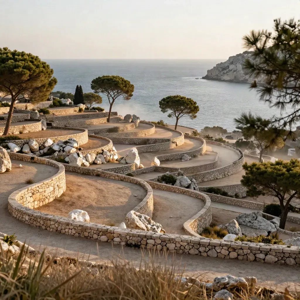 Calas de Mallorca con muros de piedra seca, pinos y bahía lejana bajo luz de tarde.