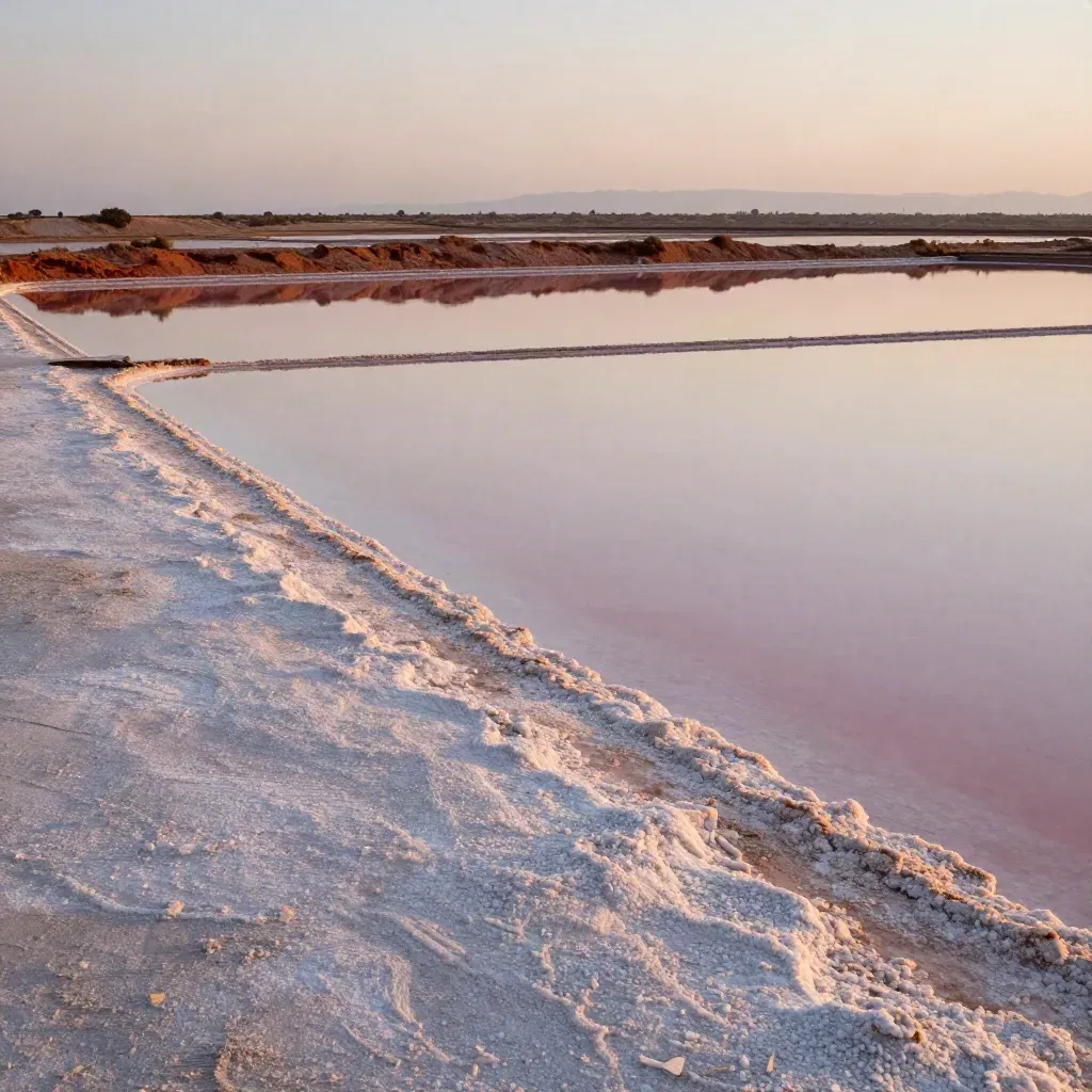 Salinas de Murcia al atardecer con agua rosa y una silueta costera lejana
