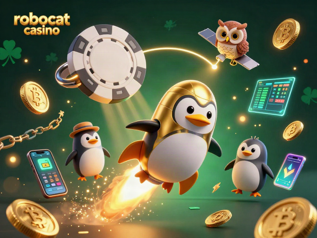 Engage with the vibrant robocat casino scene featuring a golden penguin and crypto elements.