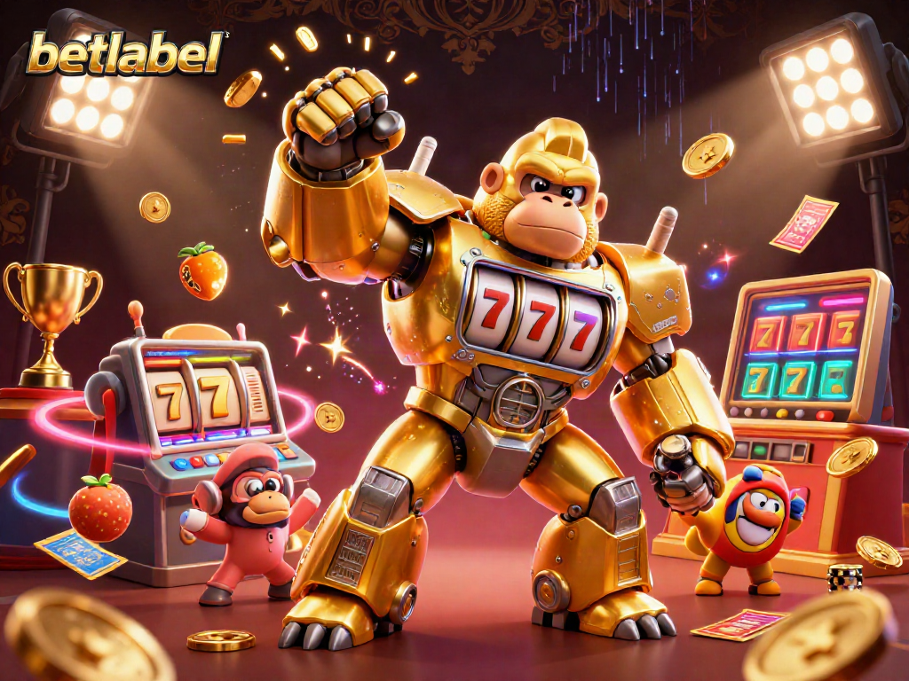 Experience big wins at BetLabel with vibrant gaming elements as a golden gorilla mech powers up!