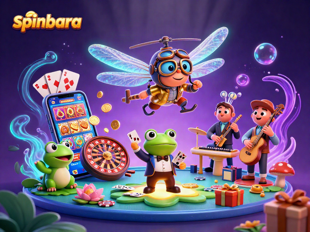 Experience the thrill of spinbara with vibrant casino action featuring a dragonfly pilot, frog dealer, and cheerful musicians.